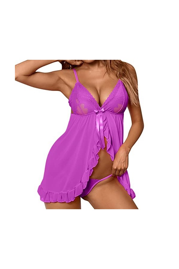Ensemble de lingerie en maille imprimée deux pièces sexy avec string lingerie collier, lilas, S