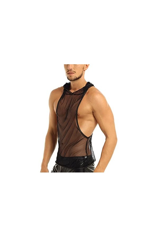 Sissy - Culotte en dentelle pour homme - Débardeur en résille transparente - Respirant - Effet mouillé - Pour soirée ou disco