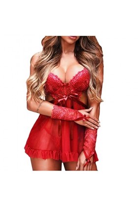 WDZOWU Costumes Sexy Femme Robe Sexy en Dentelle Brodée De sous-Vêtements pour Femmes, Rouge, XL