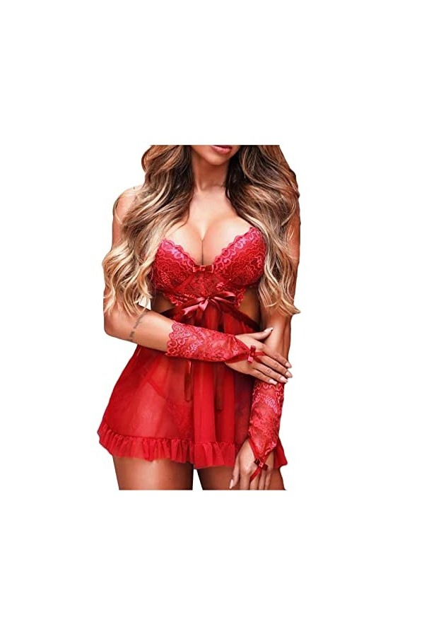 WDZOWU Costumes Sexy Femme Robe Sexy en Dentelle Brodée De sous-Vêtements pour Femmes, Rouge, XL
