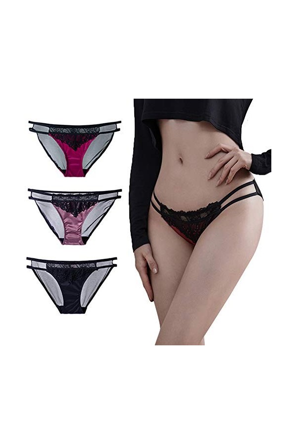 sous-vêtements sans Couture pour Femmes en Dentelle Sexy en Soie Glacée Ultra-Mince en Satin De Tentation Lot De 3 Size:Grand