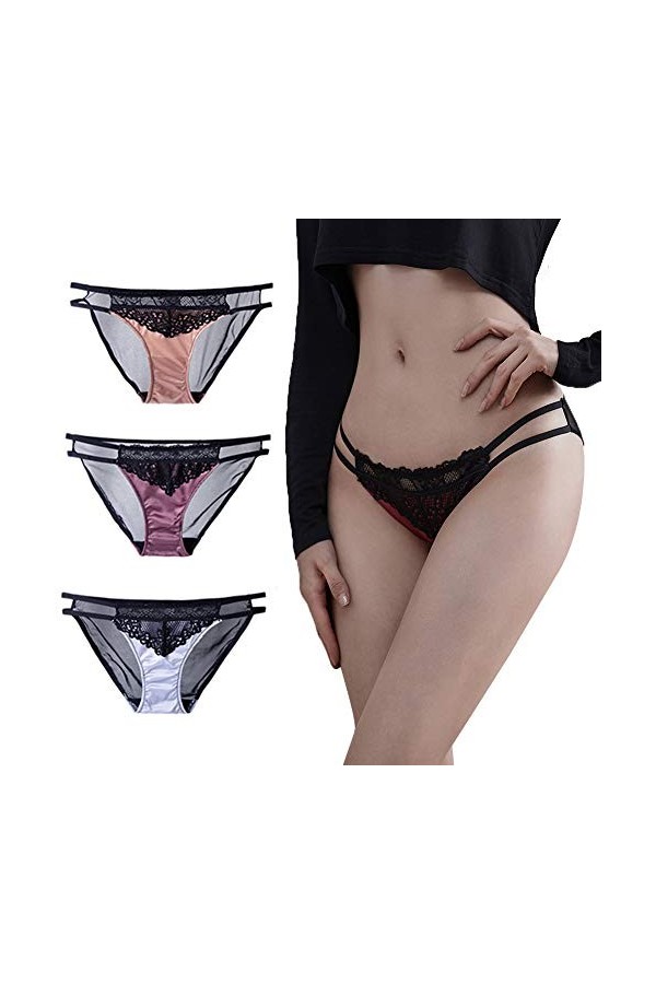 sous-vêtements sans Couture pour Femmes en Dentelle Sexy en Soie Glacée Ultra-Mince en Satin De Tentation Lot De 3 Size:Grand