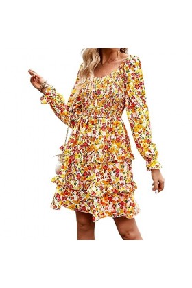 Fehploh été Floral Mini Robe pour Femmes 2023 à Manches Longues col en V décontracté Mini Robe Sexy soirée Robes