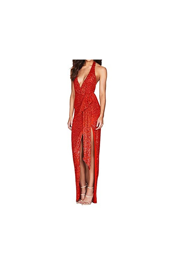 Eauptffy Costume de Noël pour Femme Mesdames sans Manches Licou Cou Sexy Robe à Paillettes Dos en V Profond 2023 Casual Habil