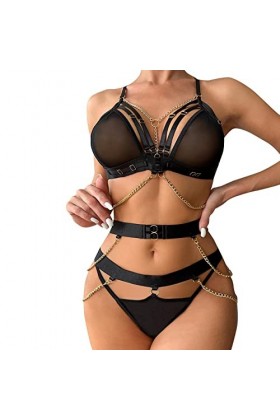 Tenue Sexy Coquine Ensemble Amusant de sous-vêtements Sexy pour Filles en Maille métallique avec chaîne en métal pour Femmes 