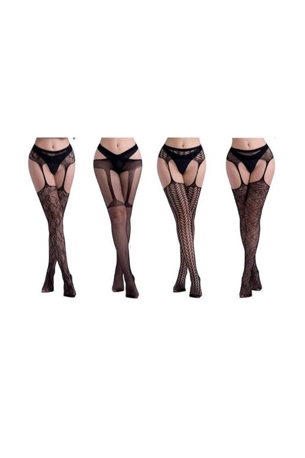 XKUN Bas 4 Paires Femmes Sexy Corps Stockage Dentelle Top Top Cuissard Cuisson Haut Bas + Jarretelle Jarretière Ceinture sur 