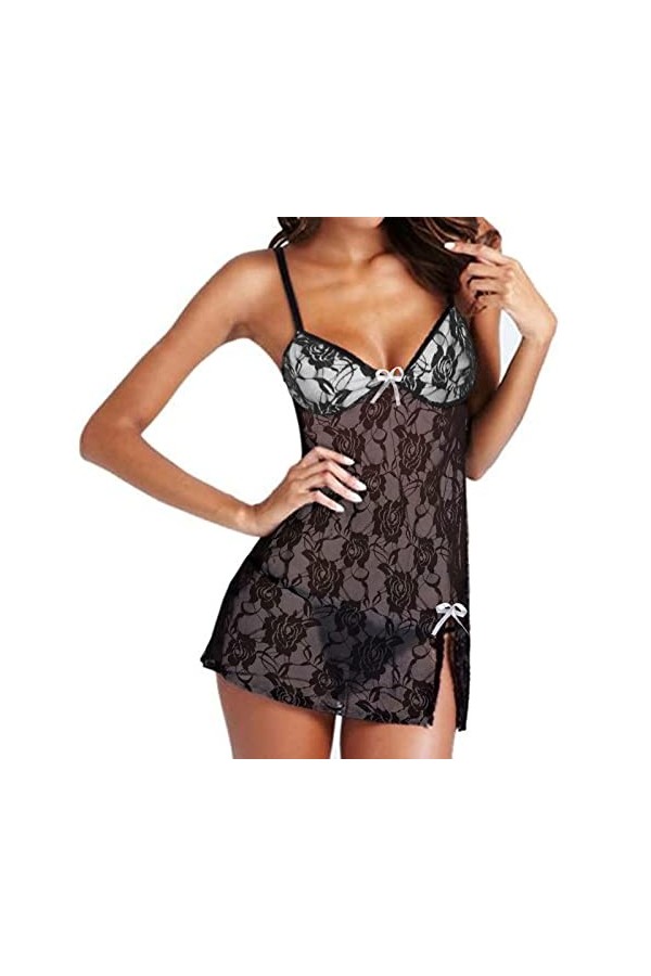 UIVHLW Nuisette Boudoir Dentelle Broderie V-Cou Bretelles Costumes Transparent Mesh Vêtements De Nuit