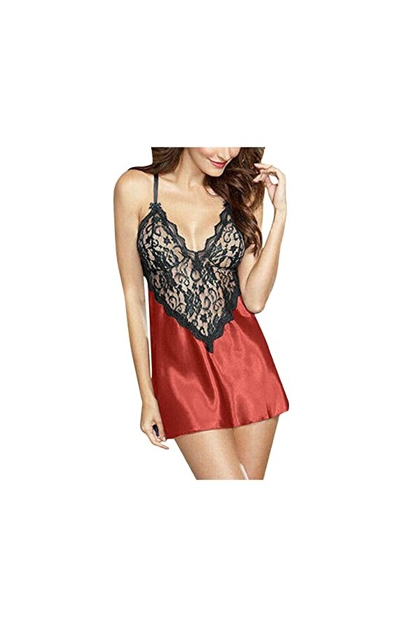 UIVHLW Lingerie De Nuit V-Cou Bretelles sous-Vêtements Dentelle Broderie Satin Womens Nuisette