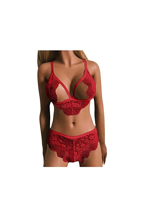 UIVHLW Lingerie De Nuit Lingerie Corset De Tentation Évidée en Dentelle Rouge en Perspective