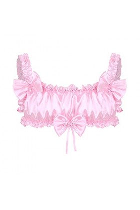 Senmiao-Vêtements Hommes Sissy Lingerie Notte Doux Satin volantée Froufrous élastique épaule Larges Bretelles Dos Nu sans Fil