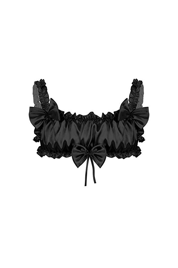 Senmiao-Vêtements Hommes Sissy Lingerie Notte Doux Satin volantée Froufrous élastique épaule Larges Bretelles Dos Nu sans Fil