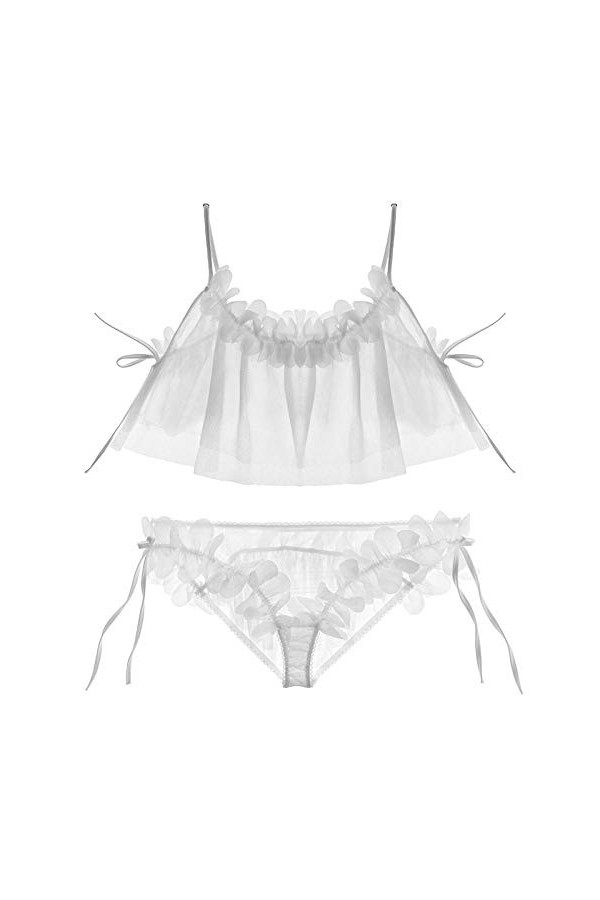 Lingerie Érotique Pyjama Sexy en Mousseline De Soie Ensemble De Pyjamas Sexy en Dentelle Blanche À Bretelles-Blanc_M