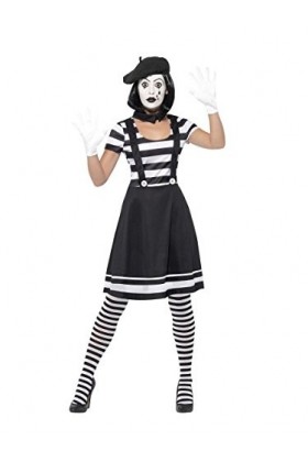 Smiffys Costume mime femme, Noir, Robe, col, béret, gants, collants et maquillage, S