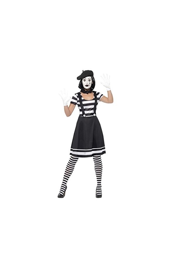 Smiffys Costume mime femme, Noir, Robe, col, béret, gants, collants et maquillage, S