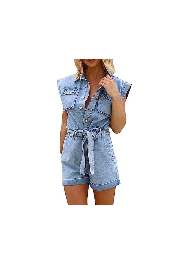 Combinaison grande taille pour femme avec coupe ample - Coupe droite - Denim - Short en latex - Sexy, bleu, XS