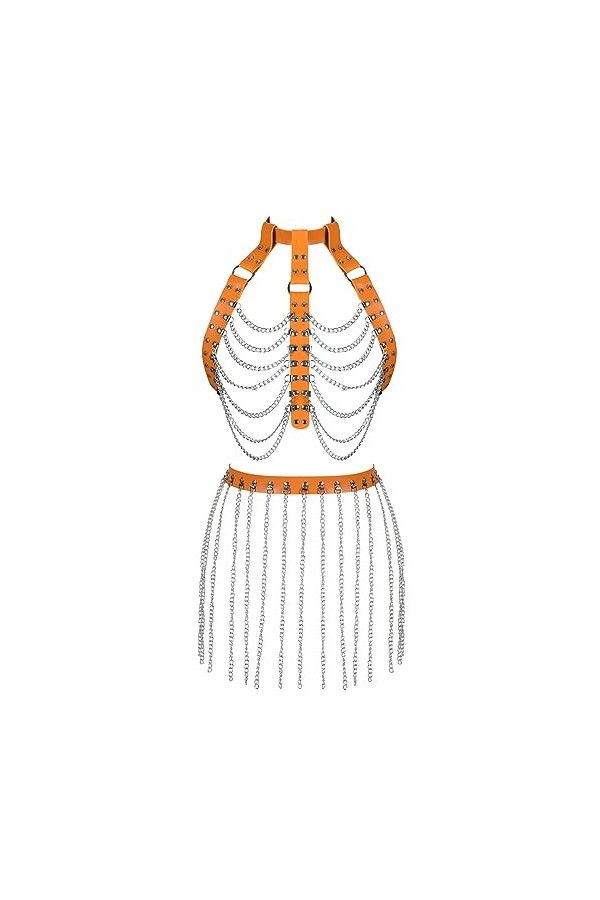 Harnais en cuir pour femme avec soutien-gorge et porte-jarretelles avec pompons, jupe et harnais, ensemble de danse, gothique