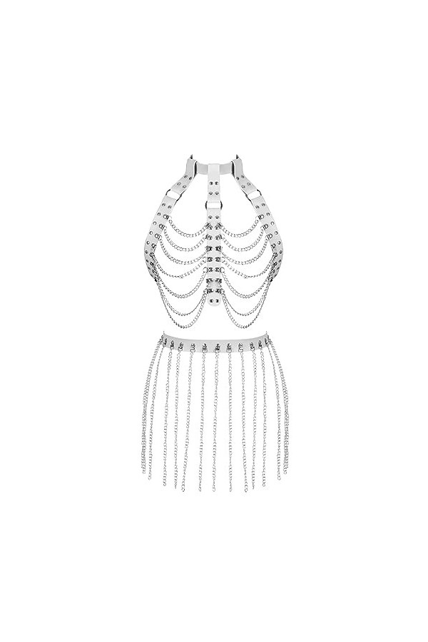 Harnais en cuir pour femme avec soutien-gorge et porte-jarretelles avec pompons, jupe et harnais, ensemble de danse, gothique