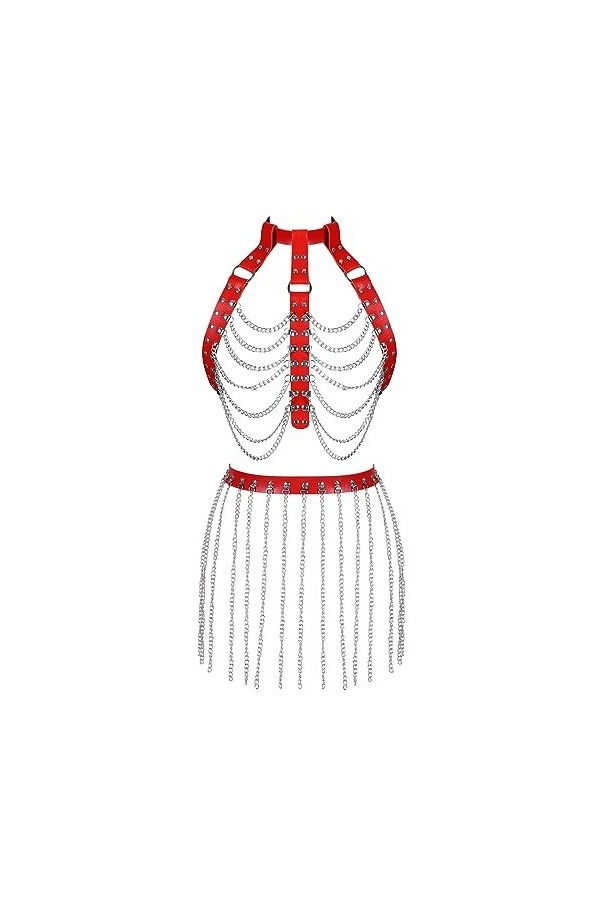 Harnais en cuir pour femme avec soutien-gorge et porte-jarretelles avec pompons, jupe et harnais, ensemble de danse, gothique
