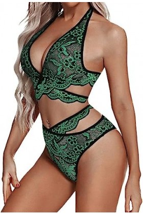 ZTIANEF Front ouvertSexy ajouré Ensemble de Lingerie érotique Transparente, Vert, L