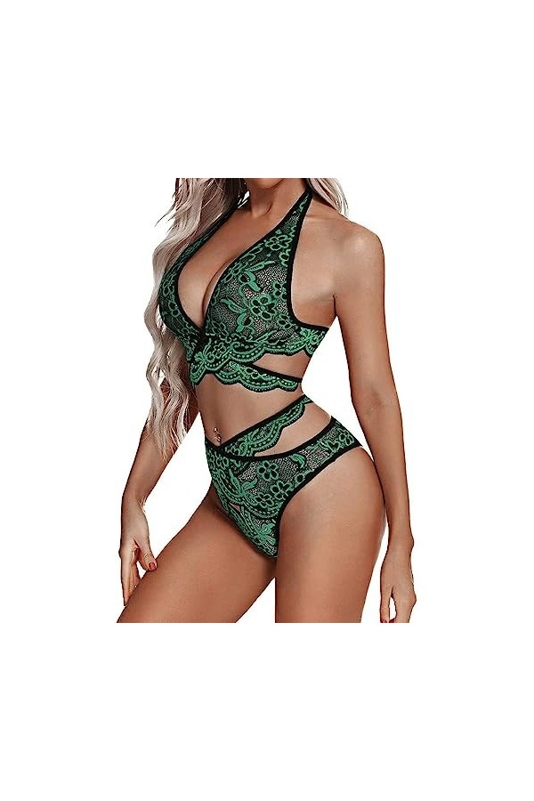 ZTIANEF Front ouvertSexy ajouré Ensemble de Lingerie érotique Transparente, Vert, L