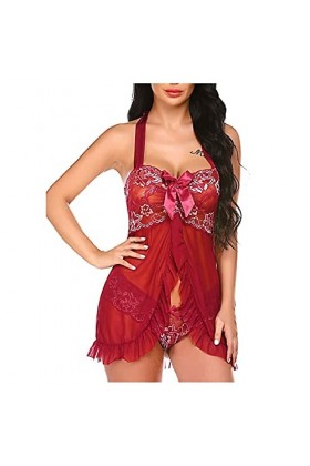 UIVHLW Lingerie Femme Dentelle Mesh Perspective Sleepwear Halter Deep V Nightdress Bowknot Nightgown