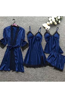 YpingLonk Pyjama Nightdress Femmes Set Silk Sleepwear Lingerie Robe Robe Dentelle Lingerie Dentelle Homme Sexy Navy, XXXXXL 