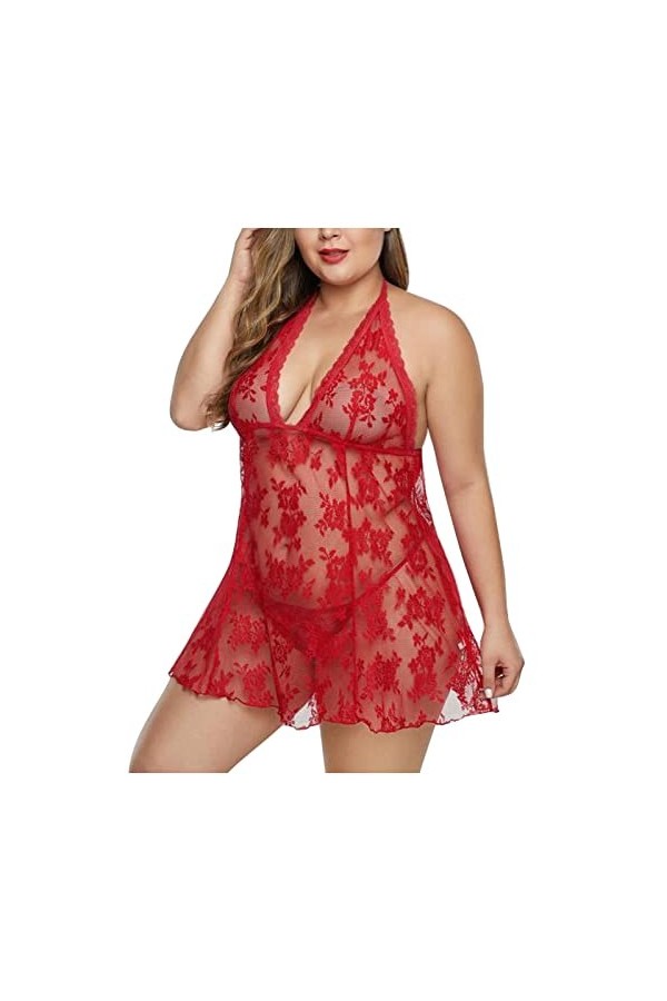 WDZOWU Chemises De Nuit Femme Halter V-Cou Dentelle Robe De Nuit Femme Lingerie Sexy Vêtements De Nuit,Rouge,XL