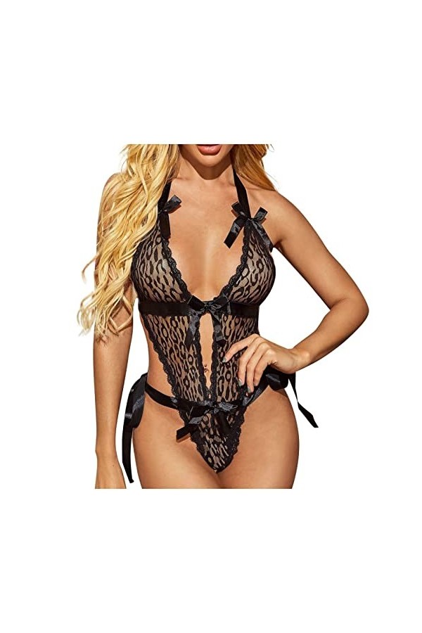 UIVHLW Nuisette Boudoir sous-Vêtement Femme Grande Taille V Profond Dos Nu Licou Tentation Dentelle Perspective