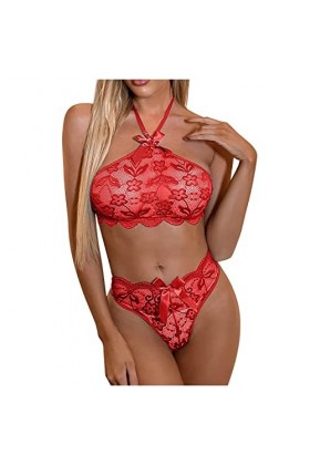 Lingerie Boudoir Halter Bra String Femme Dentelle Broderie Bowknot Plus Size Lingerie