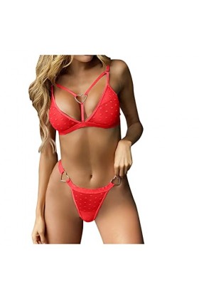 UIVHLW Ensemble De Lingerie Ensemble De Lingerie pour Femmes en Dentelle Transparente À Pois pour Femmes Love Heart