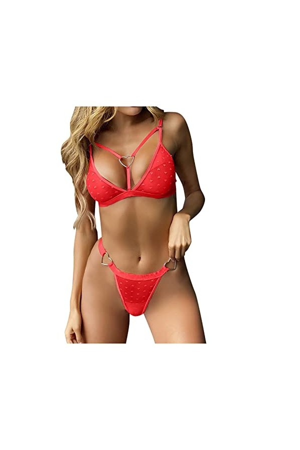 UIVHLW Ensemble De Lingerie Ensemble De Lingerie pour Femmes en Dentelle Transparente À Pois pour Femmes Love Heart