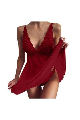 UKKO sous-Vêtements Sexy Femmes Accessoires sous-Vêtements Bretelles Dentelle Robe Transparente Pyjamas Lingerie-Red,XL