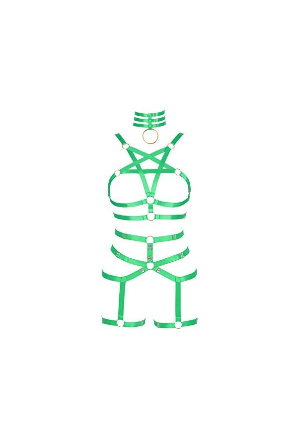 Ensemble de porte-jarretelles pour femme - Lingerie cage punk gothique soutien-gorge pentagramme sangle de poitrine grande ta