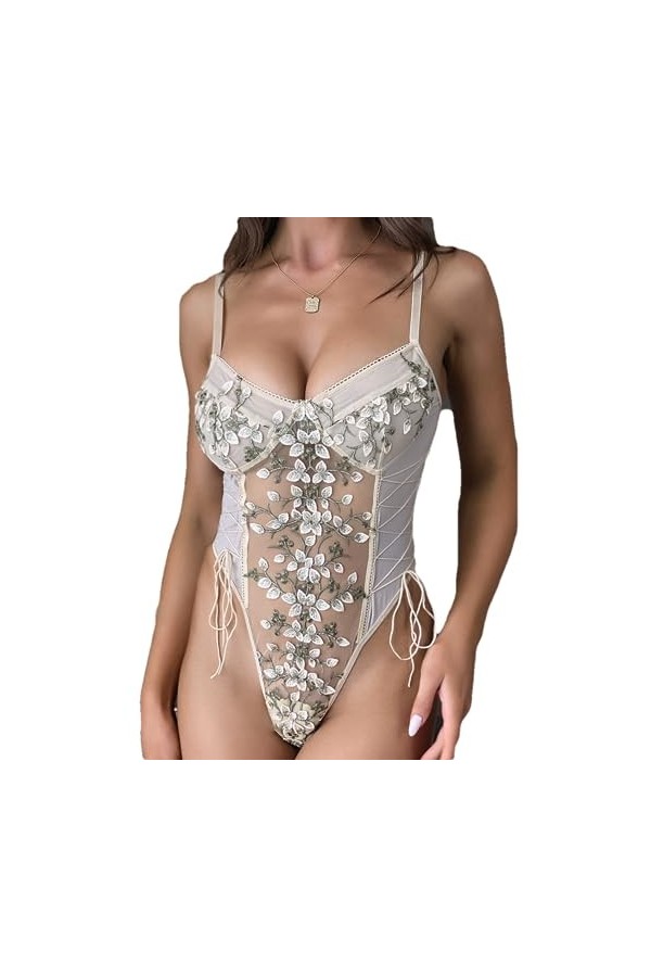 ZTIANEF Lingerie Sexy Femme Nuisettes Sexy Femme Combinaison Sexy Collants Brodés À Fleurs avec Collants À Lacets Collants sa