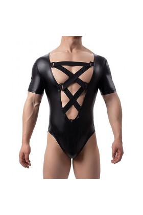 DCIUSTFHE Hommes Sexy Faux Cuir Maille Patchwork Gilet Taille Forme du Corps Bandes Croisées Collants Boîtes De Nuit Barres D