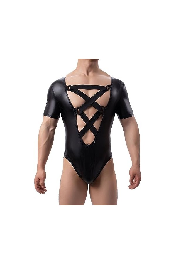 DCIUSTFHE Hommes Sexy Faux Cuir Maille Patchwork Gilet Taille Forme du Corps Bandes Croisées Collants Boîtes De Nuit Barres D