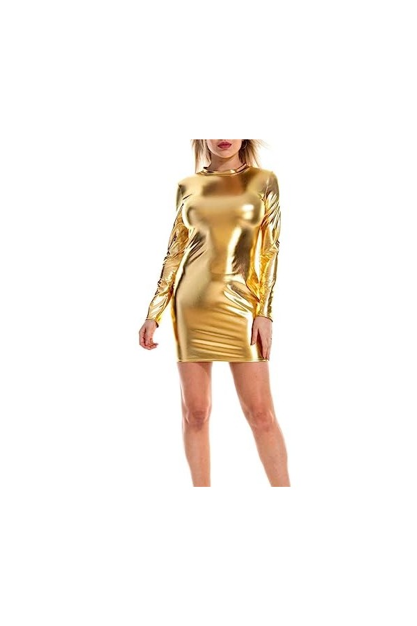 DCIUSTFHE Femmes Sexy Cuir Verni Col Ras du Cou Manches Longues Robe Bar Boîte De Nuit DS Jeu De Rôle Scène Costumes,Bleu,S