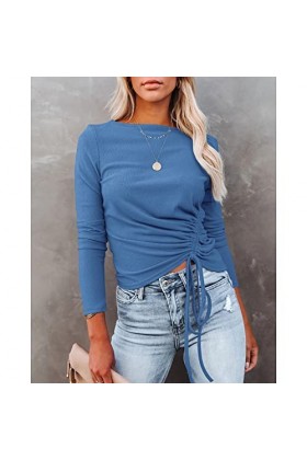 Pull tricoté Extensible pour Femme, Cordon de Serrage froncé à Manches Longues Haut Fin Col Rond Respectueux de la Peau pour 