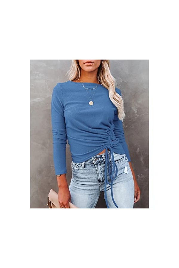 Pull tricoté Extensible pour Femme, Cordon de Serrage froncé à Manches Longues Haut Fin Col Rond Respectueux de la Peau pour 