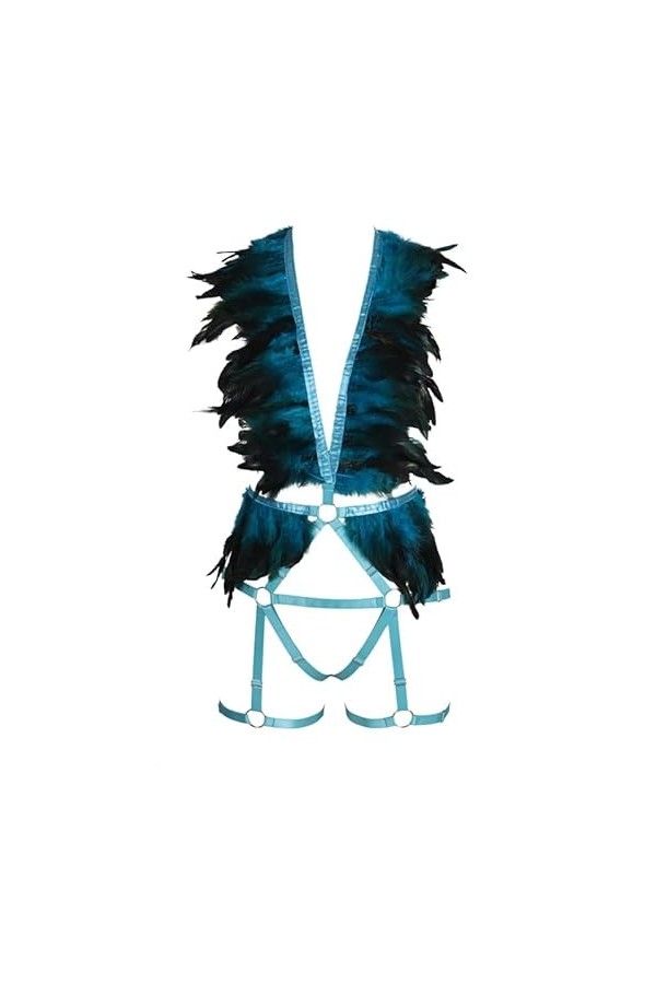 Ensemble soutien-gorge et plumes pour femme - Sangle élastique réglable - Ceinture creuse - Accessoires de cosplay - Bleu