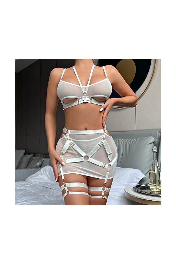 Générique String Ouvert Coquin Mode féminine Pure Color Bandage Mesh Splicing sous-vêtements Sexy avec des Anneaux de Jambe s
