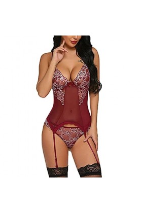 UIVHLW Lingerie De Nuit Dentelle Broderie&nbsp;&nbsp;&nbsp;Temptation V-Cou Bretelles Corset Taille Plus