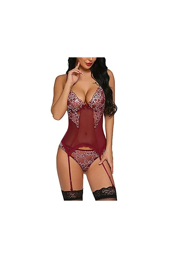 UIVHLW Lingerie De Nuit Dentelle Broderie&nbsp;&nbsp;&nbsp;Temptation V-Cou Bretelles Corset Taille Plus