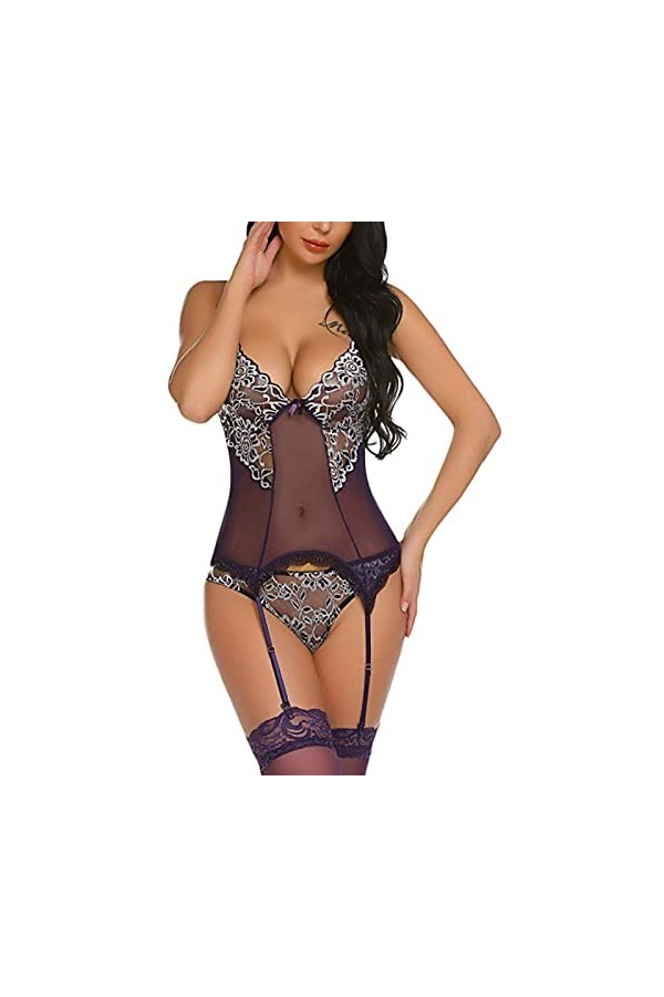 UIVHLW Lingerie De Nuit Dentelle Broderie&nbsp;&nbsp;&nbsp;Temptation V-Cou Bretelles Corset Taille Plus