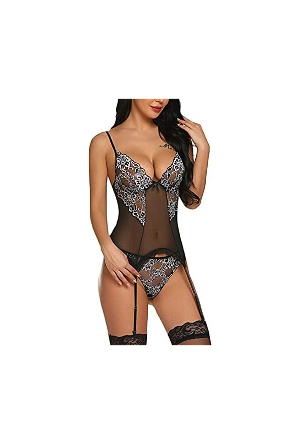 UIVHLW Lingerie De Nuit Dentelle Broderie&nbsp;&nbsp;&nbsp;Temptation V-Cou Bretelles Corset Taille Plus