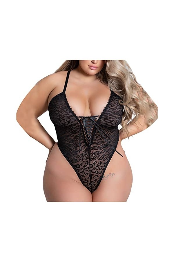 UIVHLW Lingerie De Nuit Costumes De Bandage Dos Nu en V Profond en Dentelle Transparente De Grande Taille