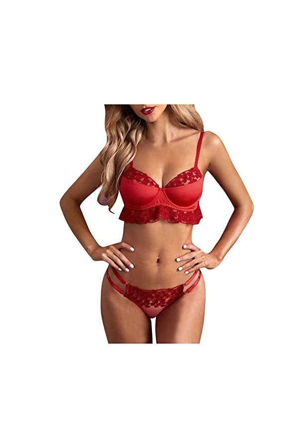 UIVHLW Lingerie Ensemble De sous-Vêtements Féminins Tentation De Broderie Florale en Dentelle Perspective Rouge