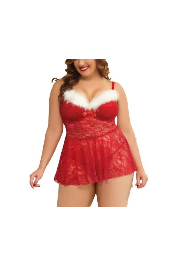 UIVHLW sous-Vêtements Évidés Chemise Femme sans Manches Ajustable Noël Dentelle Rouge Nuisette
