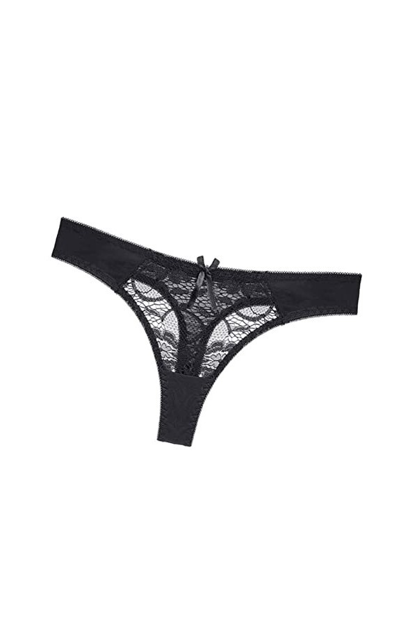 UKKO Couleur Unie sous-Vêtements Femmes Sexy Thong Dentelle Perspective Creuse avec Culotte Arc-Black,XL