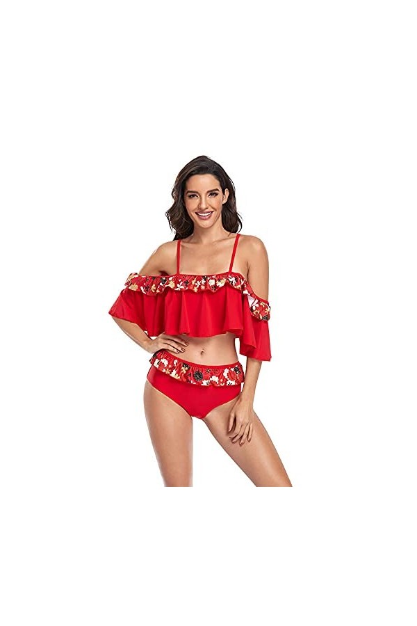 BGFC Robe Vêtements de Nuit Lingerie Sexy Babydoll Maillot de Bain Sexy Lady Floral Split Swimsuit-Red_M
